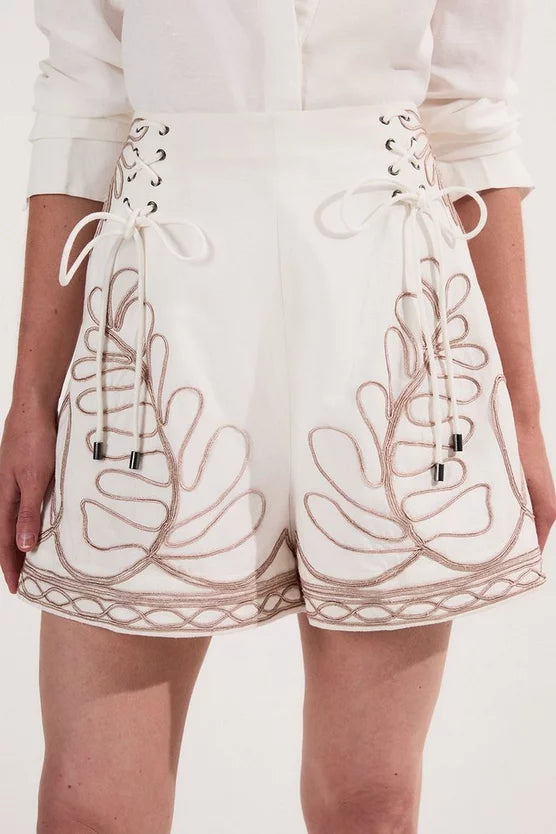 Cotton Linen Cornelli Embroidered Woven High Waisted Short