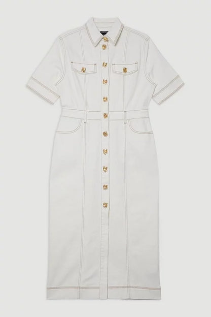 Denim Button Front Short Sleeve Pencil Midi Dress
