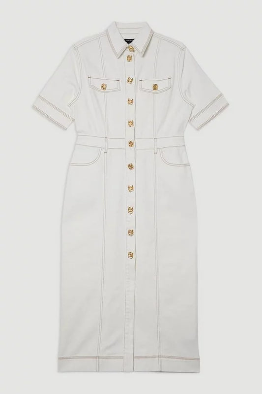 Denim Button Front Short Sleeve Pencil Midi Dress