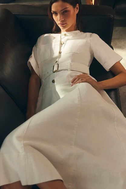Denim Soft Wash Short Sleeve Belted Midi Dress