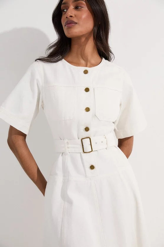 Denim Soft Wash Short Sleeve Belted Midi Dress