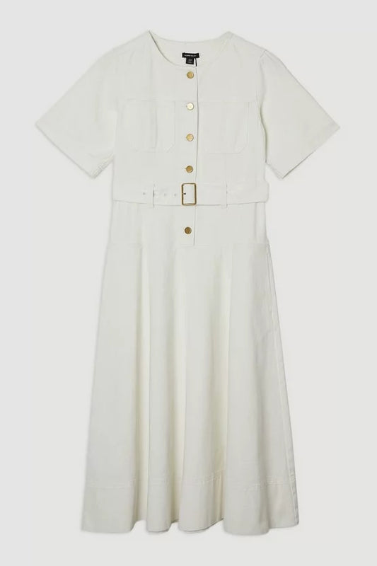 Denim Soft Wash Short Sleeve Belted Midi Dress