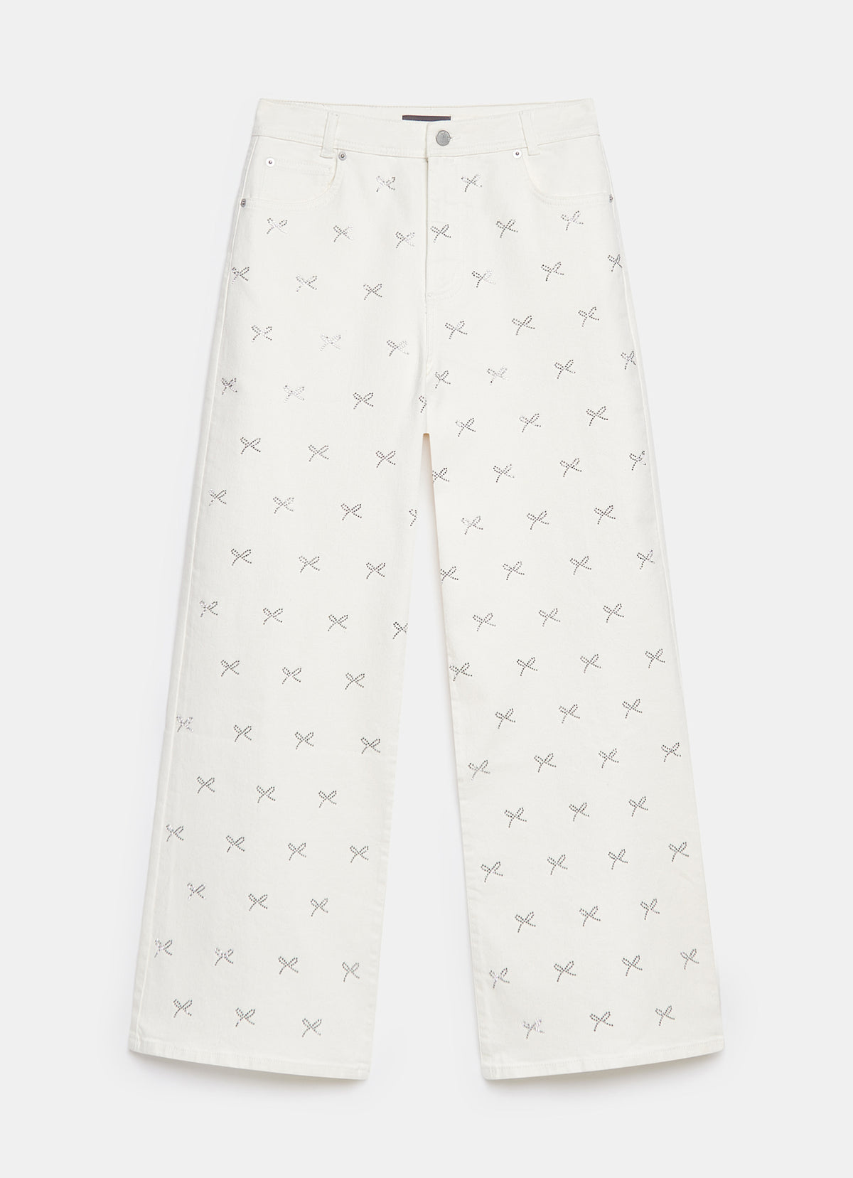 White Bow Embellished Wide Jeans