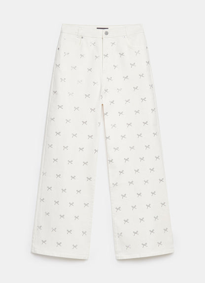 White Bow Embellished Wide Jeans