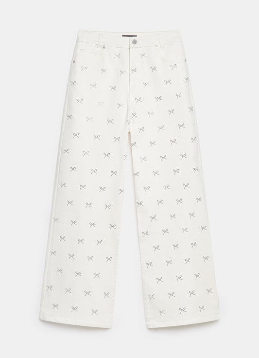 White Bow Embellished Wide Jeans