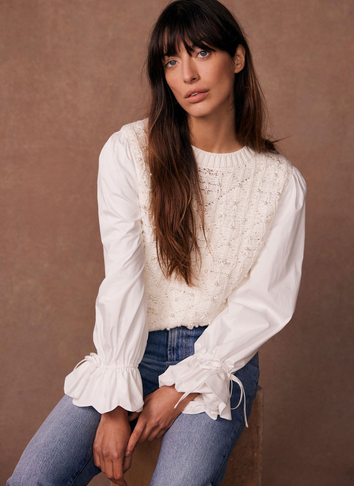 Cream Cotton Blend Embellished Knit Jumper