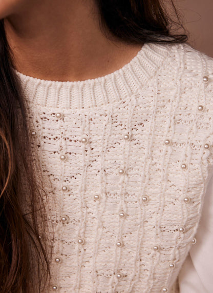 Cream Cotton Blend Embellished Knit Jumper