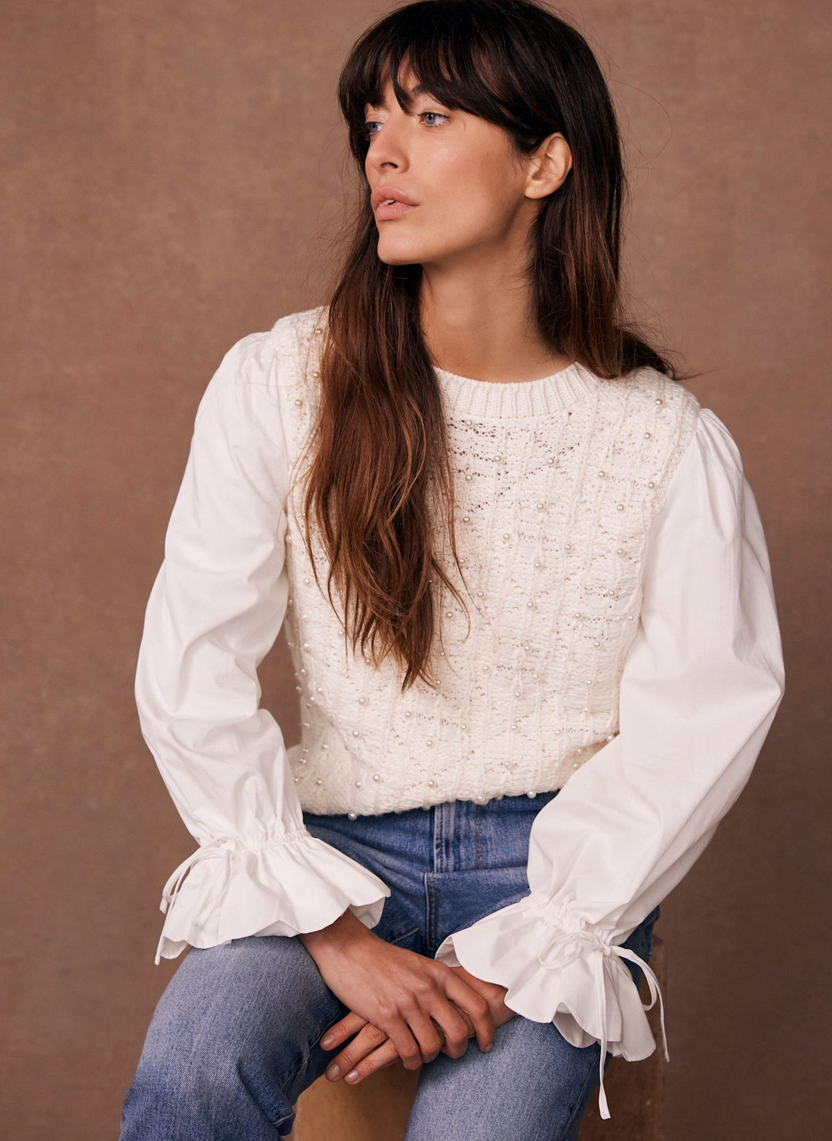 Cream Cotton Blend Embellished Knit Jumper