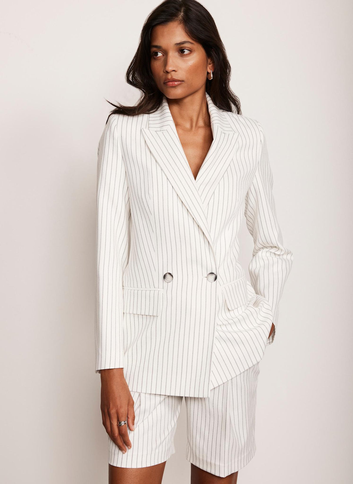 White Double Breasted Pinstripe Blazer