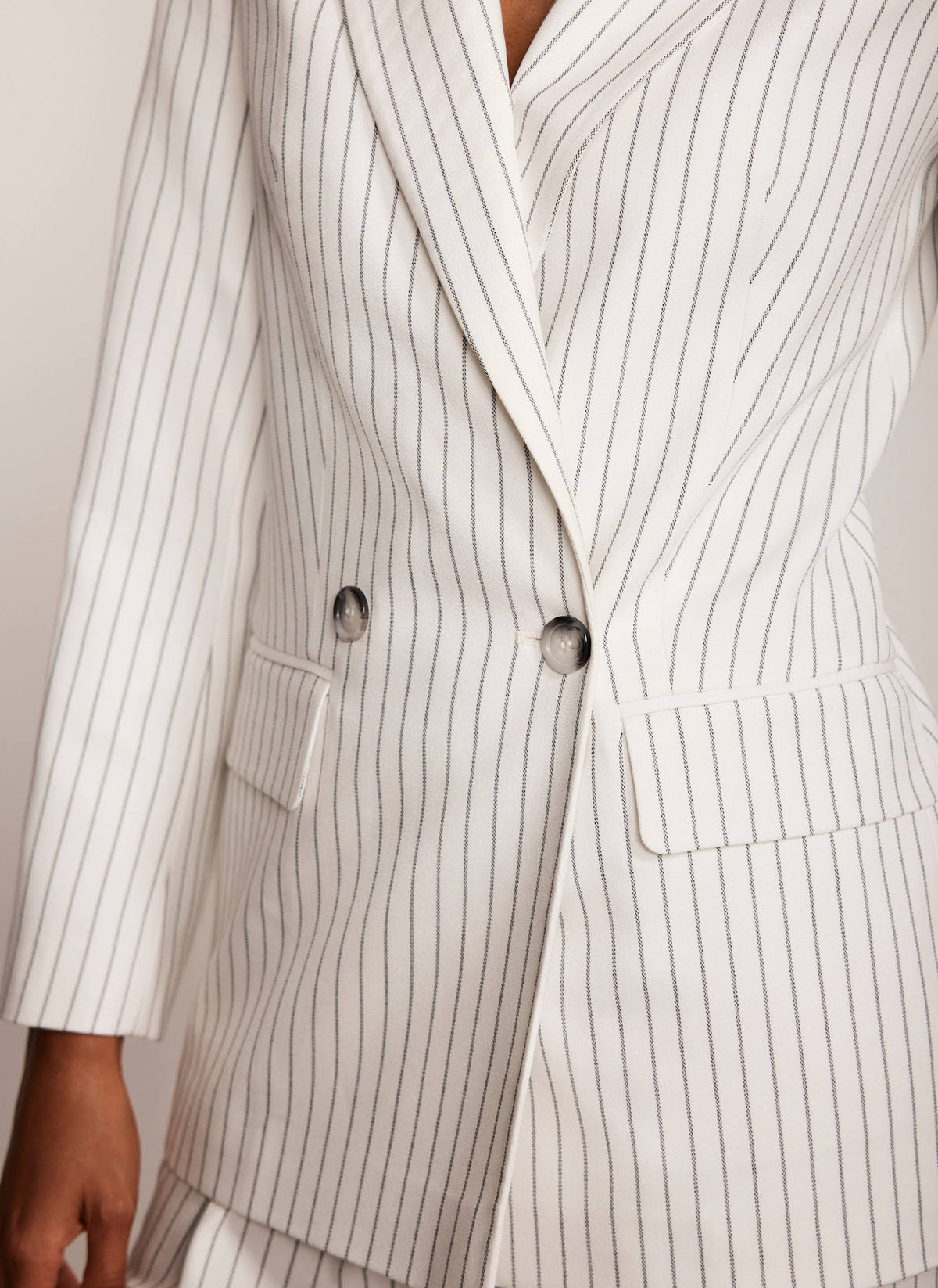 White Double Breasted Pinstripe Blazer