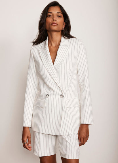 White Double Breasted Pinstripe Blazer