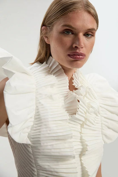 Pleated Ruffle Sleeve Woven Top