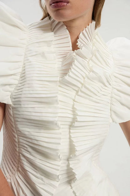 Pleated Ruffle Sleeve Woven Top