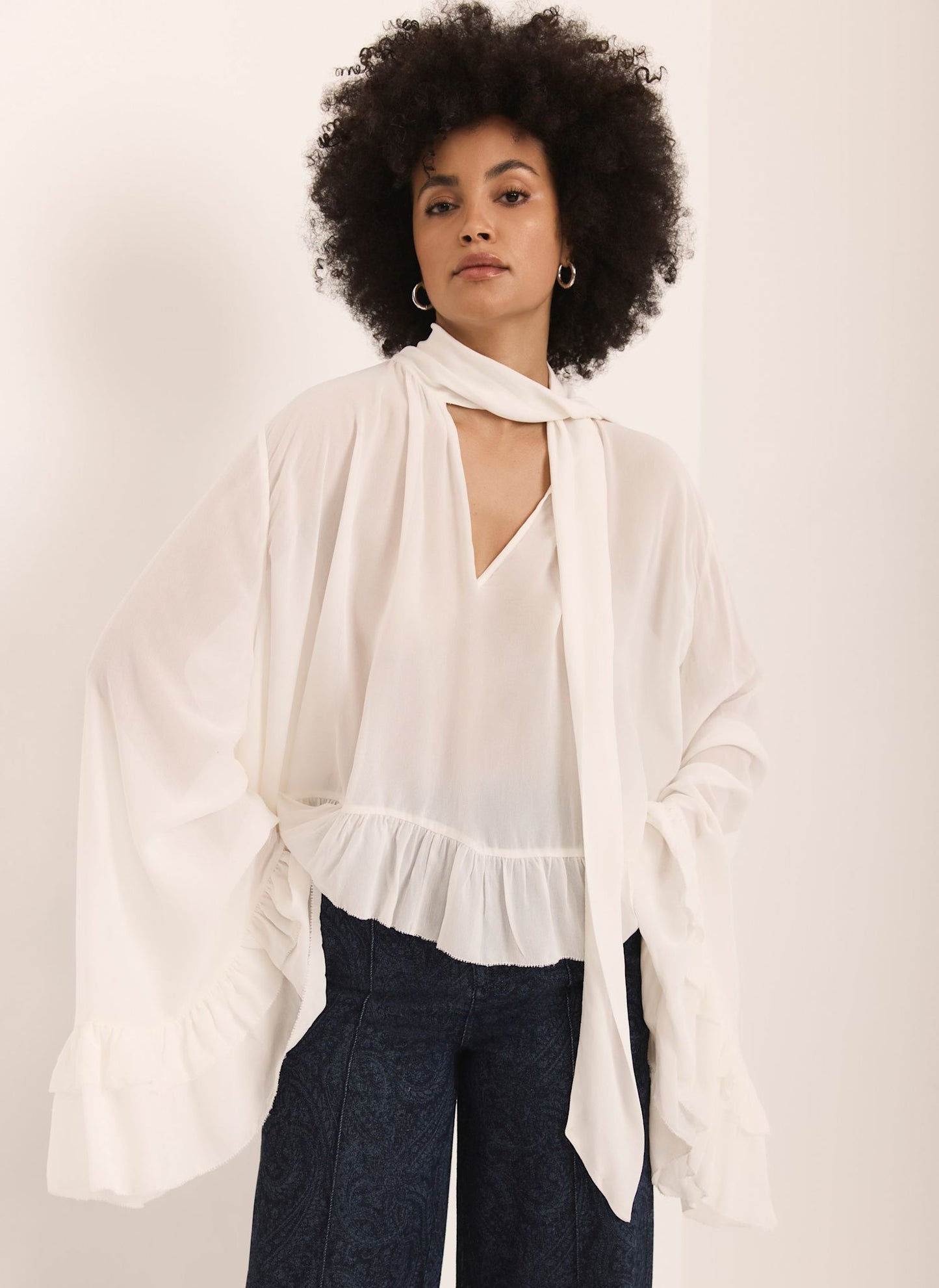 Cream Ruffle Tie Detail Blouse