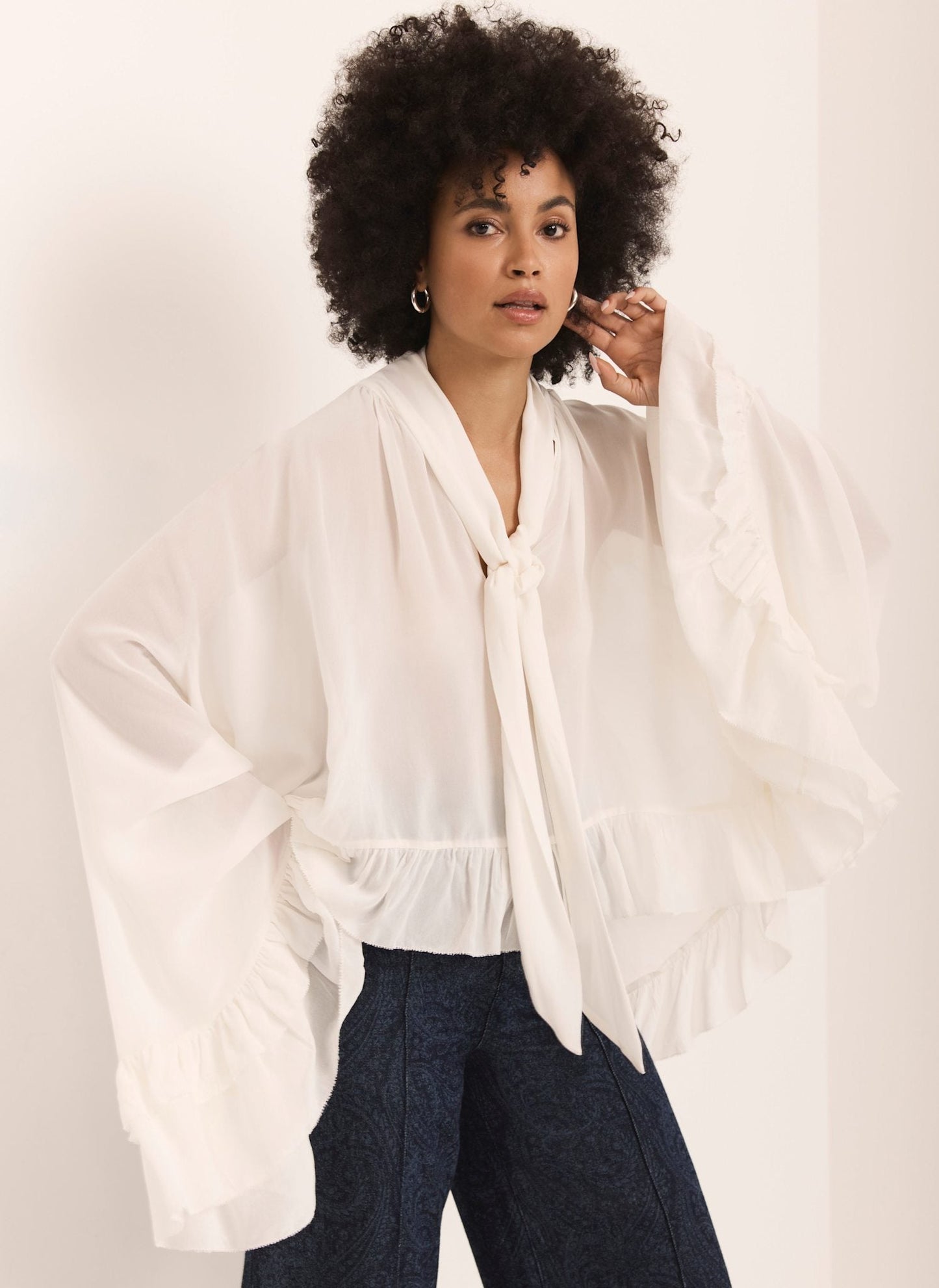 Cream Ruffle Tie Detail Blouse