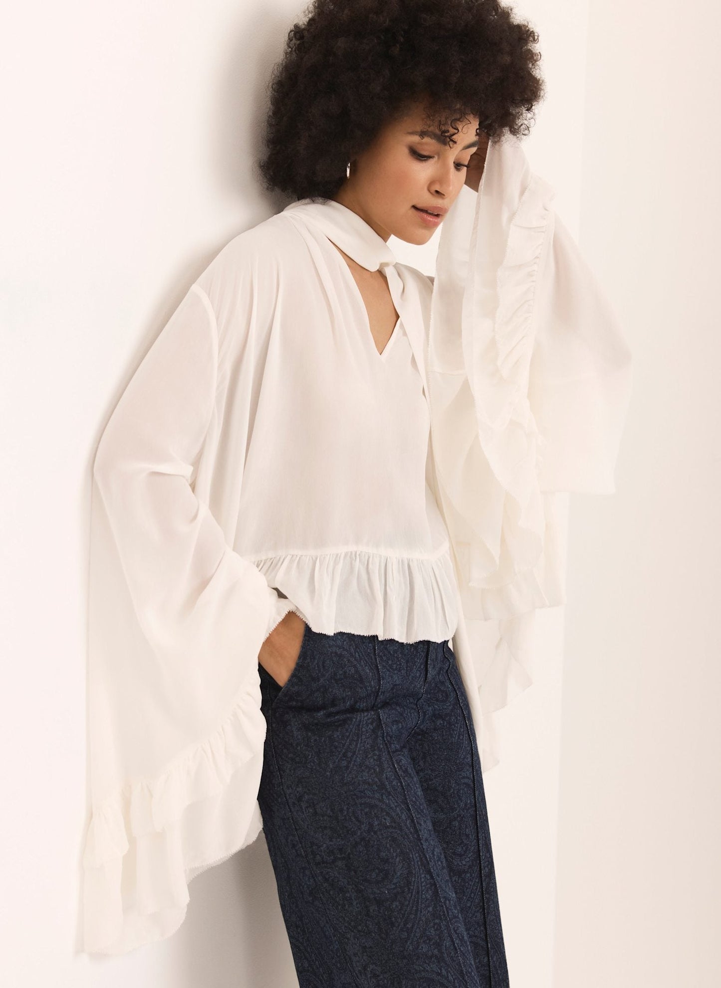 Cream Ruffle Tie Detail Blouse