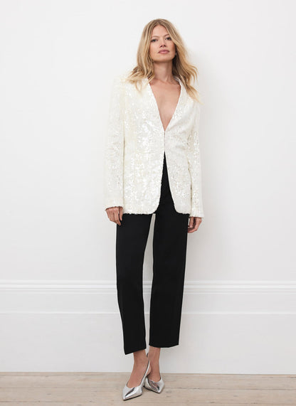 White Sequin Collarless Blazer