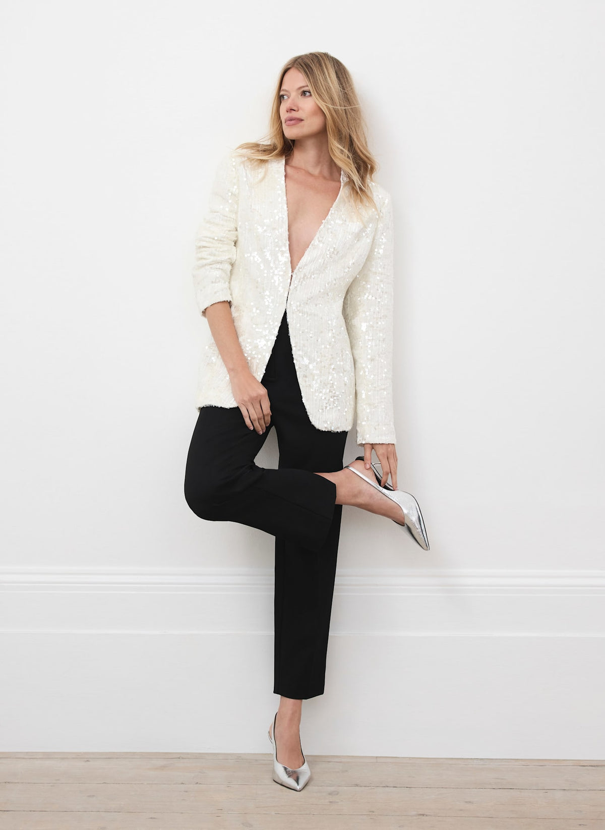 White Sequin Collarless Blazer