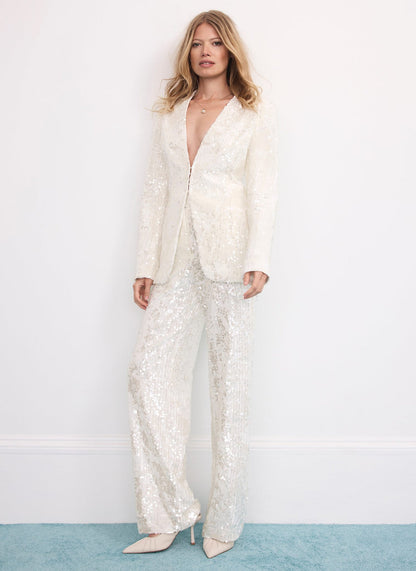 White Sequin Collarless Blazer