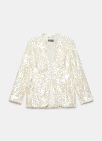 White Sequin Collarless Blazer