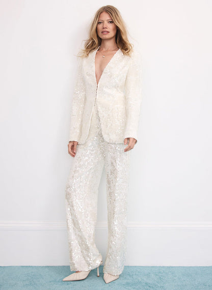 White Sequin Embellished Trousers