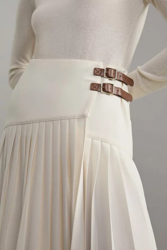 Tailored Crepe Pleated Buckle Detailed Maxi Skirt