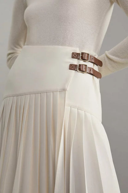 Tailored Crepe Pleated Buckle Detailed Maxi Skirt