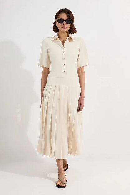 Tailored Crepe Pleated Shirt Dress