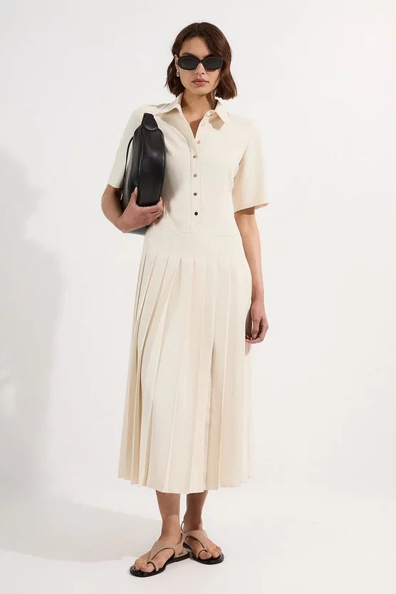 Tailored Crepe Pleated Shirt Dress