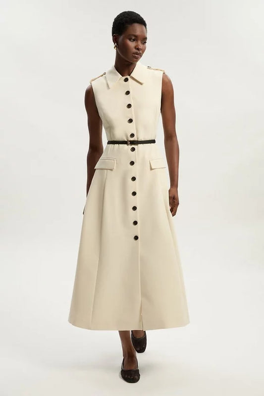 Tailored Crepe Sleeveless Button Front Tailored Shirt Midi Dress