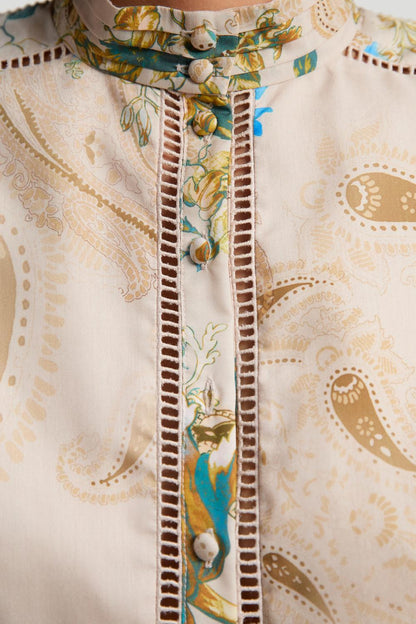 Voile Floral Border Print Woven Playsuit With Ladder Lace Trim