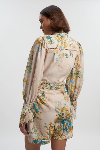 Voile Floral Border Print Woven Playsuit With Ladder Lace Trim