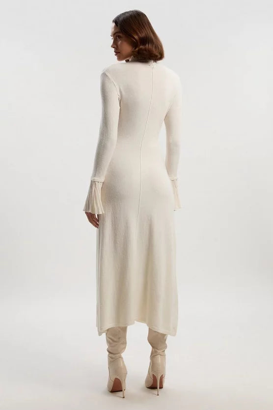 Wool And Alpaca Blend Knit Pleated Silk Woven Cuffs Midi Dress