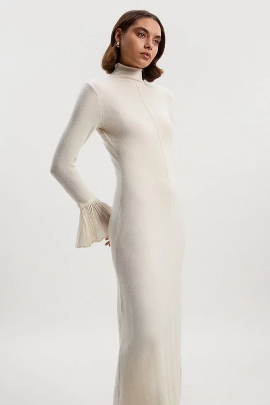 Wool And Alpaca Blend Knit Pleated Silk Woven Cuffs Midi Dress
