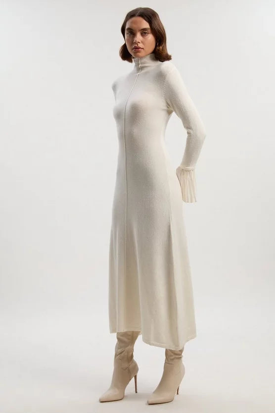 Wool And Alpaca Blend Knit Pleated Silk Woven Cuffs Midi Dress