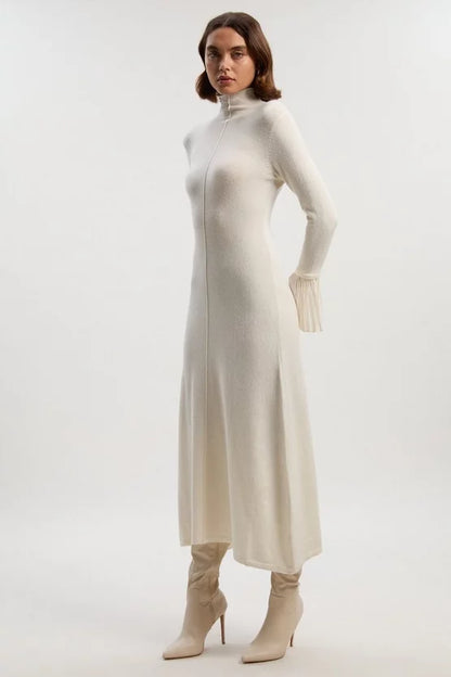 Wool And Alpaca Blend Knit Pleated Silk Woven Cuffs Midi Dress