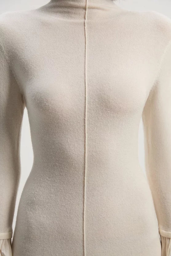 Wool And Alpaca Blend Knit Pleated Silk Woven Cuffs Midi Dress