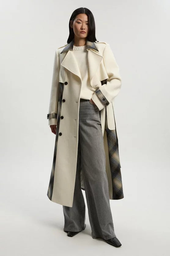 Wool Check Tailored Belted Trench Midi Coat