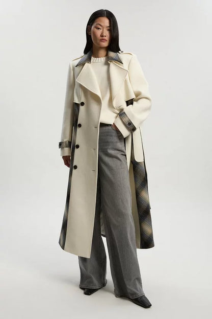 Wool Check Tailored Belted Trench Midi Coat