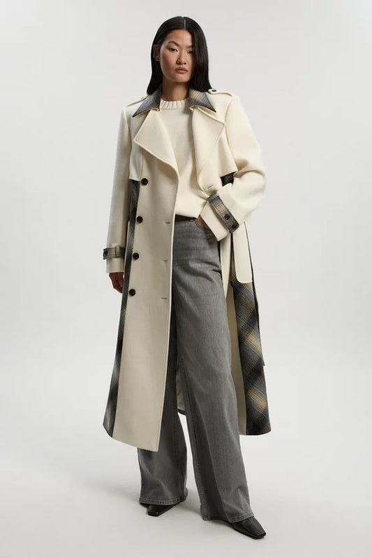 Wool Check Tailored Belted Trench Midi Coat