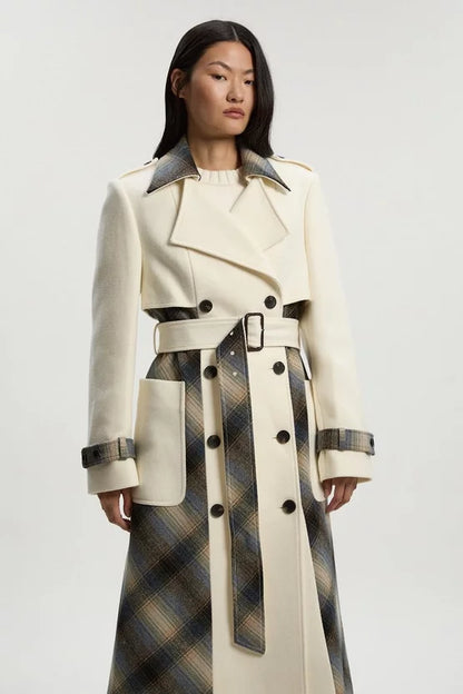 Wool Check Tailored Belted Trench Midi Coat