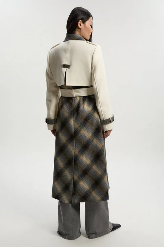 Wool Check Tailored Belted Trench Midi Coat