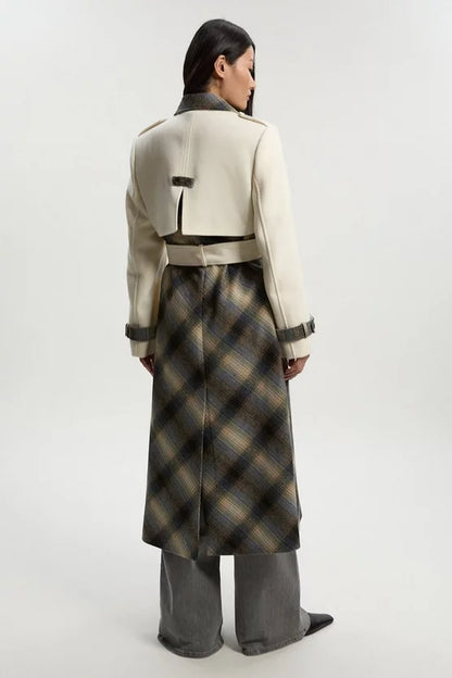 Wool Check Tailored Belted Trench Midi Coat