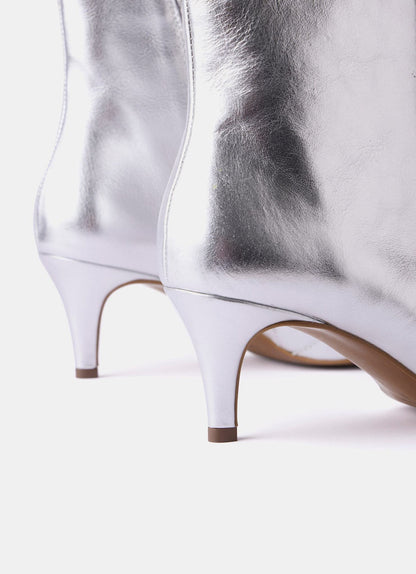 Silver Leather Kitten Heel Boots