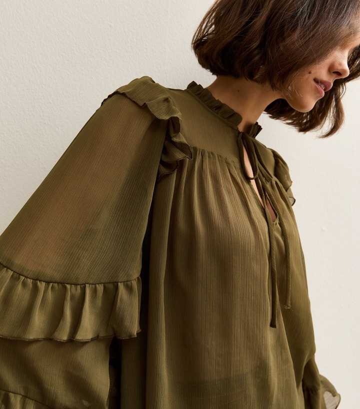 Khaki Chiffon Frilly Trimmed Keyhole Neck Blouse