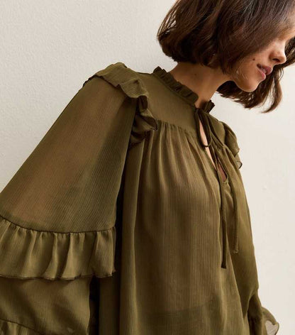 Khaki Chiffon Frilly Trimmed Keyhole Neck Blouse