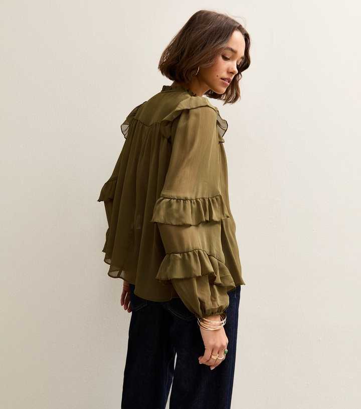 Khaki Chiffon Frilly Trimmed Keyhole Neck Blouse