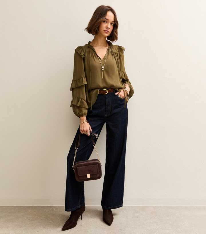 Khaki Chiffon Frilly Trimmed Keyhole Neck Blouse