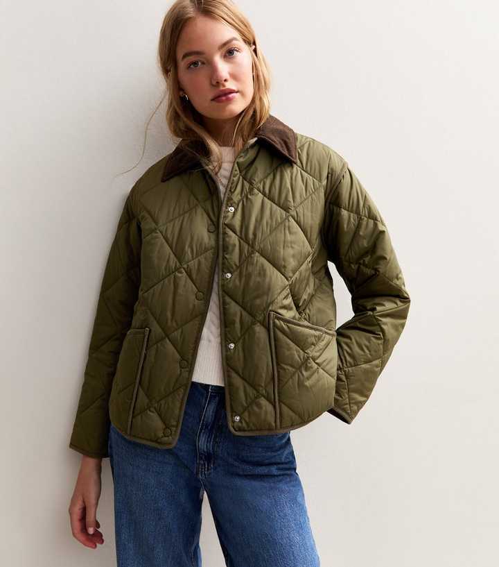 Khaki Corduroy Collar Quilted Jacket