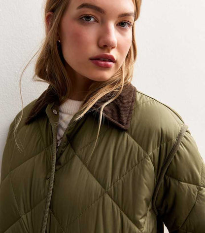 Khaki Corduroy Collar Quilted Jacket